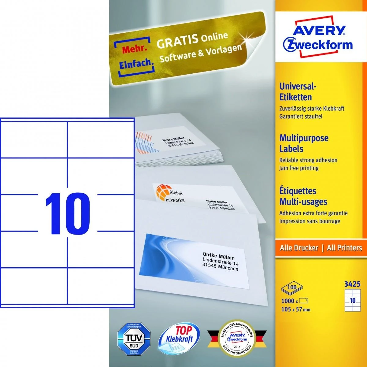 Lipnios etiketės Avery Zweckform, 105x57mm, A4, 10 etikečių lape, 100 lapų, baltos spalvos