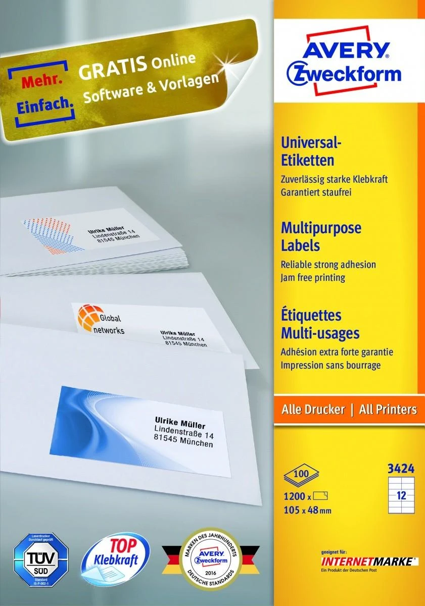 Lipnios etiketės Avery Zweckform, A4, 105x48mm, 12 etikėčių lape, be rėmelio, 100 lapų, baltos spalvos spalvos