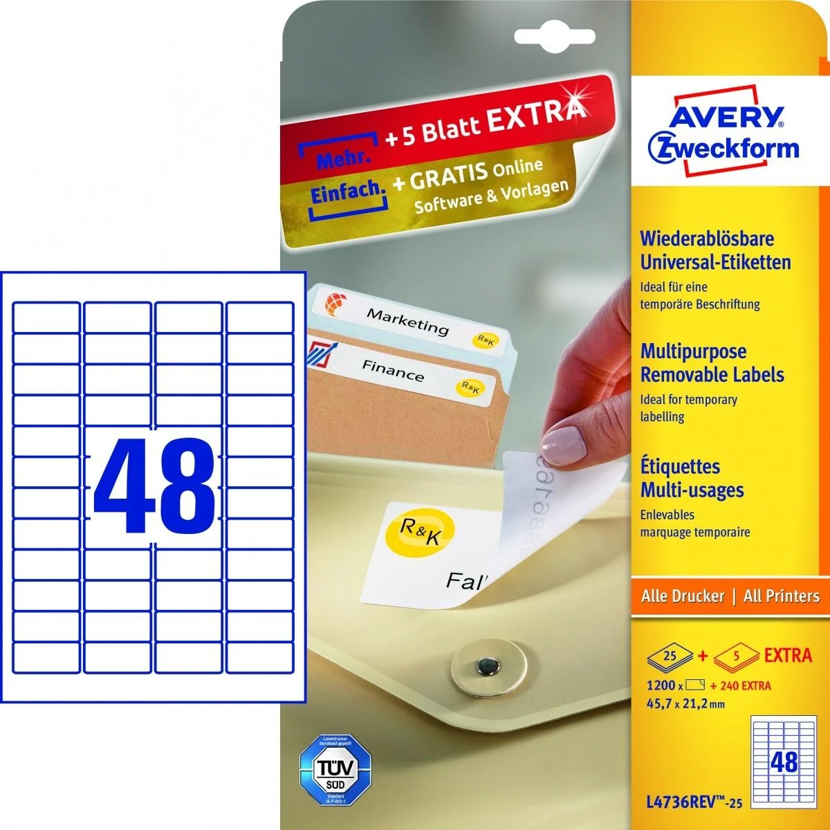 Lipnios etiketės Avery Zweckform, A4, nuimamos, 45.7×21.2mm, 48 etiketės lape, 25 lapai