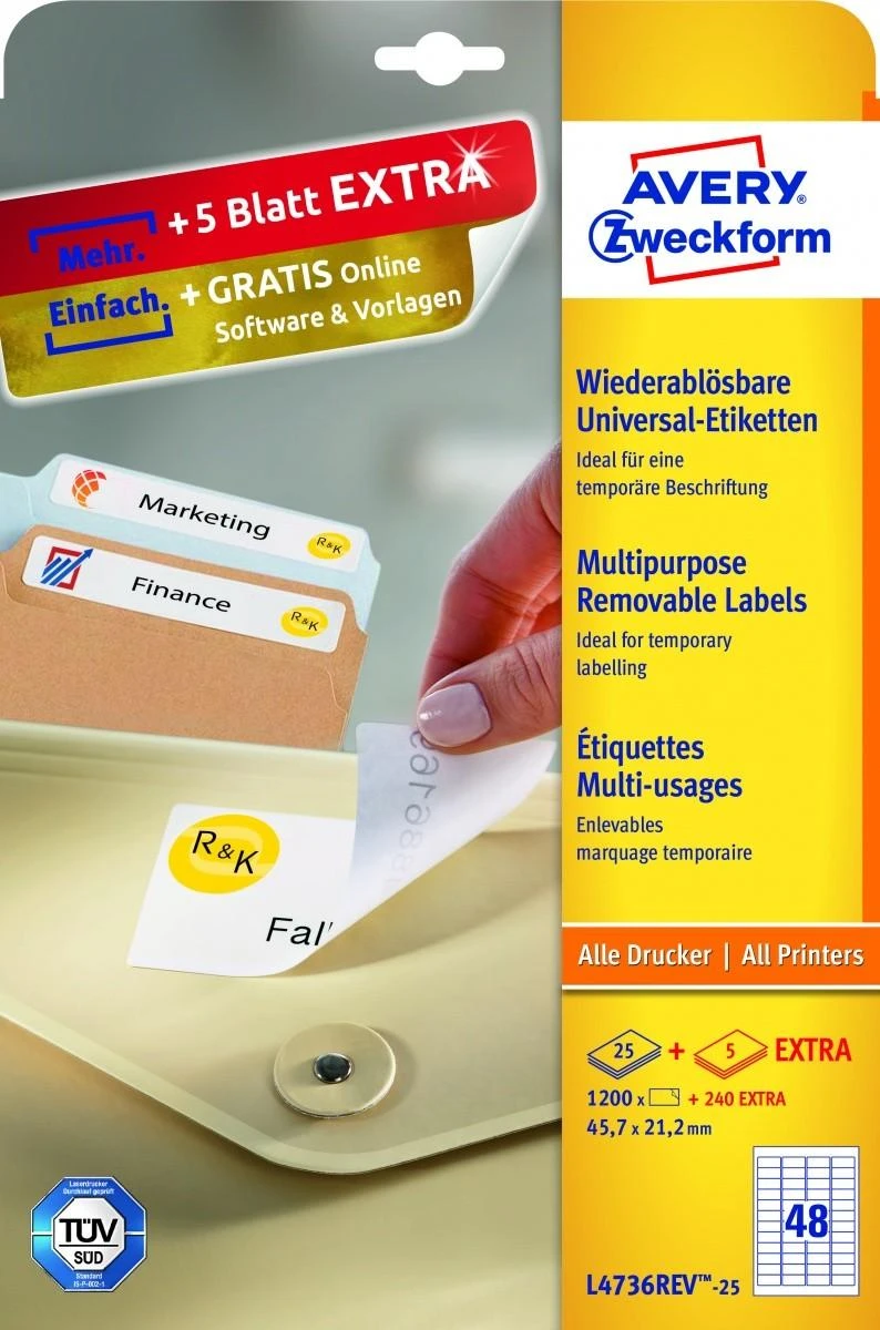 Lipnios etiketės Avery Zweckform, A4, nuimamos, 45.7×21.2mm, 48 etiketės lape, 25 lapai