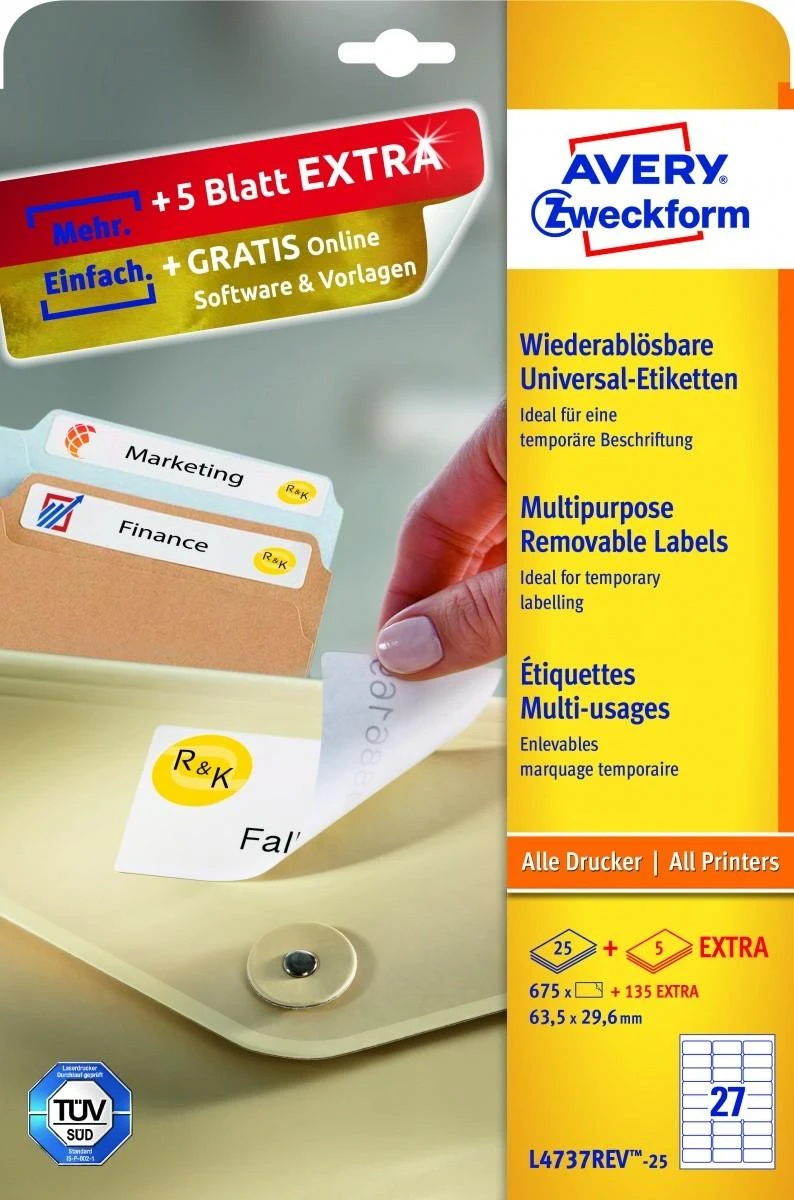Lipnios etiketės Avery Zweckform, A4, nuimamos, 63.5×29.6mm, 27 etiketės lape, 25 lapai