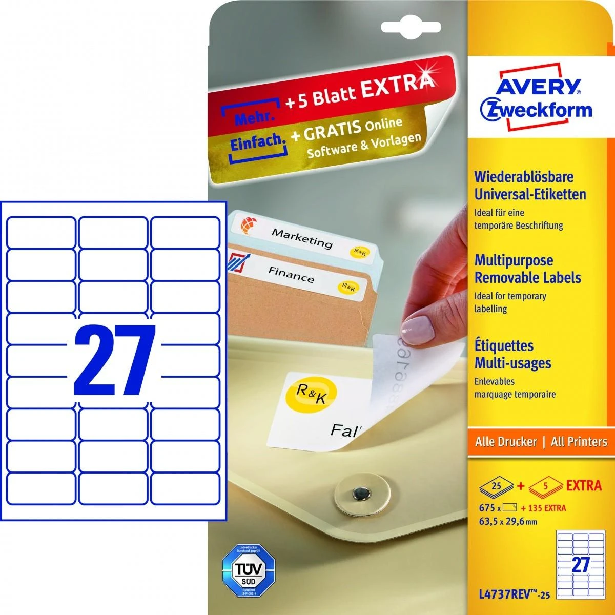 Lipnios etiketės Avery Zweckform, A4, nuimamos, 63.5×29.6mm, 27 etiketės lape, 25 lapai