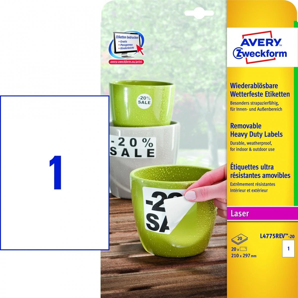 Lipnios etiketės Avery Zweckform, A4, atsparios drėgmei, 210x297mm, 1 etiketė lape, 20 lapų, nuklijuojamos, baltos spalvos