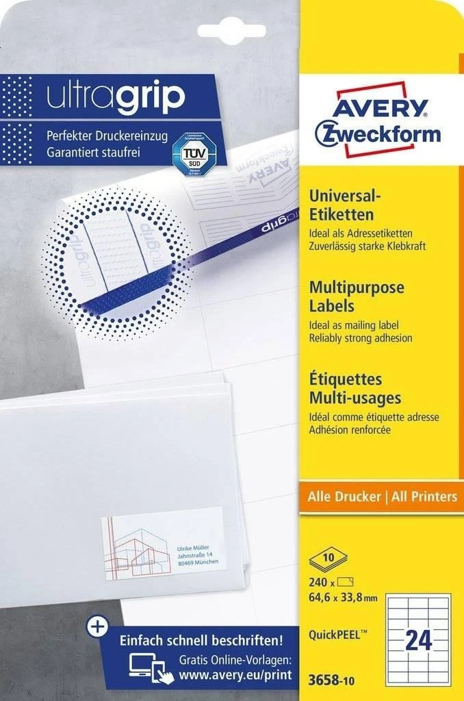 Lipnios etiketės Avery Zweckform, A4, 64.6×33.8, 24 etiketės lape, 100 lapų, baltos spalvos