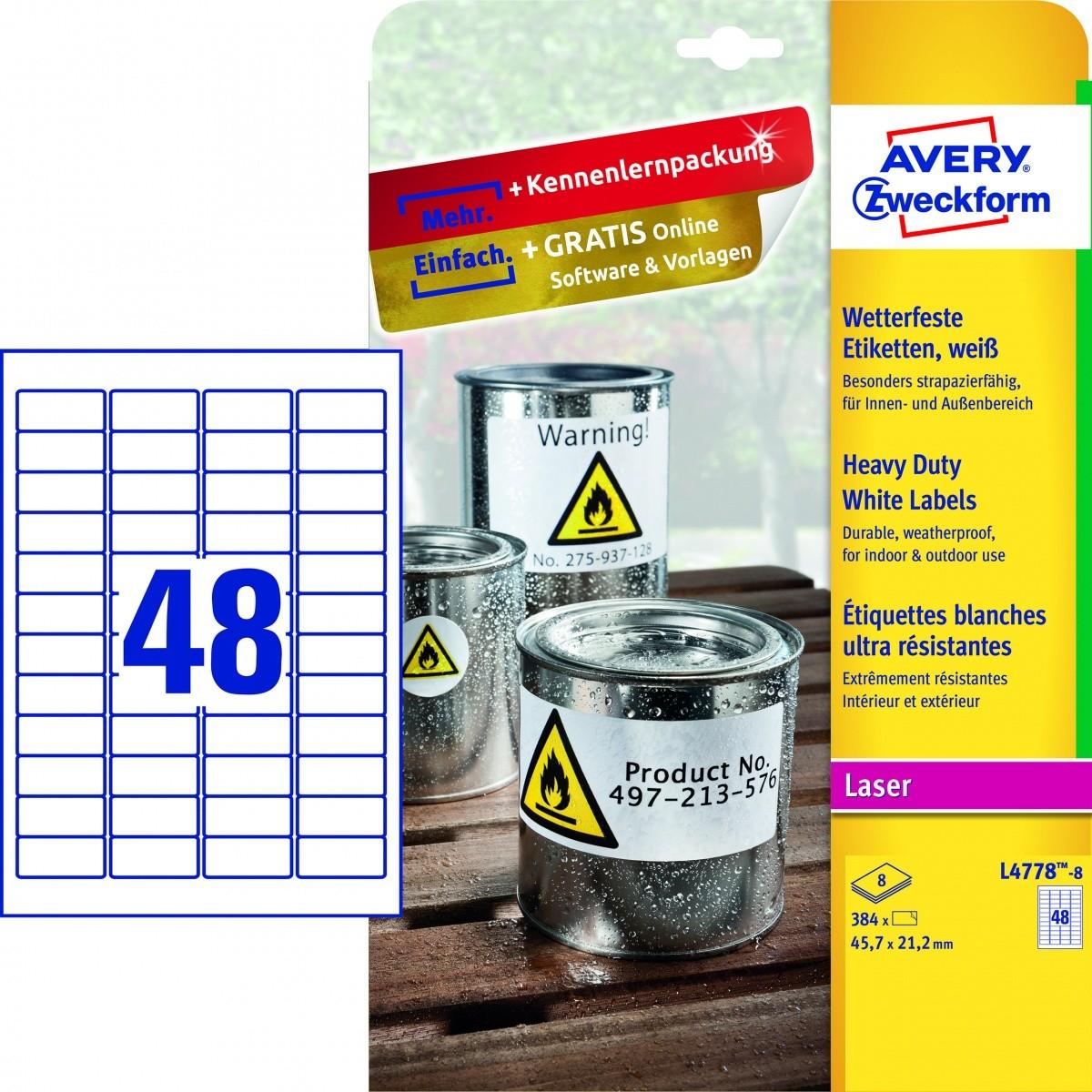 Avery Heavy Duty vandeniui atsparios etiketės, 45,7 x 21,2 mm, balta, spausdintuvui, 384 vnt.