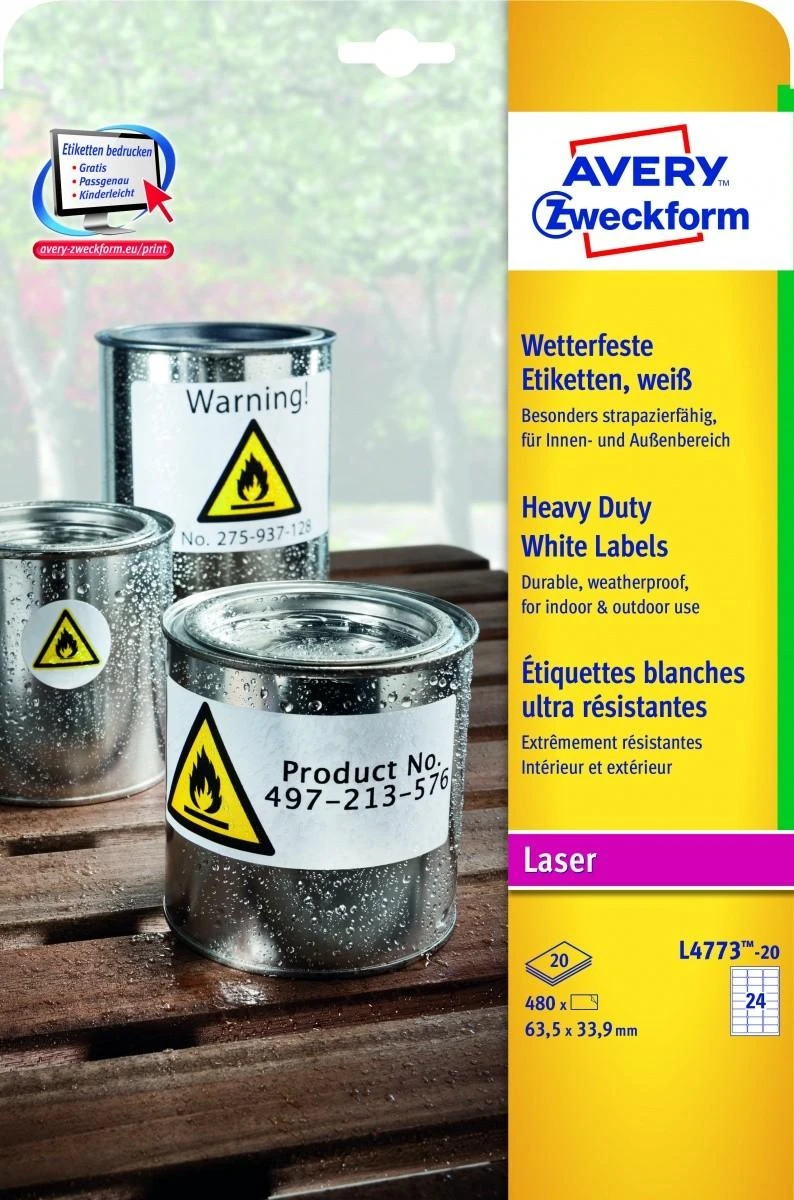 Lipnios etiketės Avery Zweckform, A4, atsparios drėgmei, 63.5×33.9mm, 24 etiketės lape, 20 lapų, matinės, permanentinės, baltos spalvos