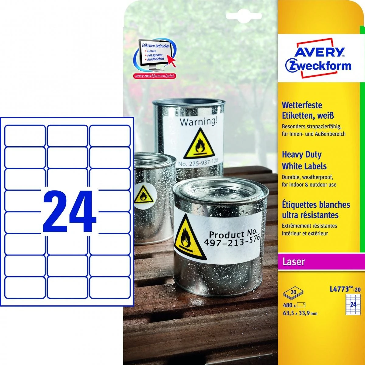 Lipnios etiketės Avery Zweckform, A4, atsparios drėgmei, 63.5×33.9mm, 24 etiketės lape, 20 lapų, matinės, permanentinės, baltos spalvos