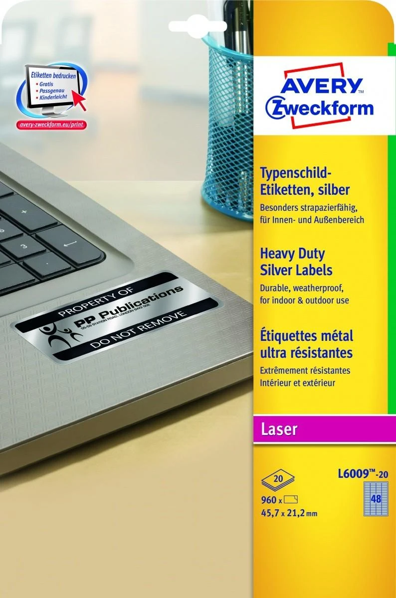 Lipnios etiketės Avery Zweckform, A4, atsparios drėgmei, 45.7×21.2mm, 48 etiketės lape, 20 lapų, sidabrinės spalvos