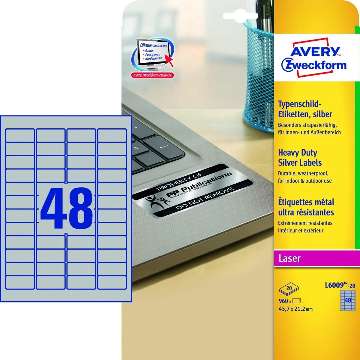Lipnios etiketės Avery Zweckform, A4, atsparios drėgmei, 45.7×21.2mm, 48 etiketės lape, 20 lapų, sidabrinės spalvos