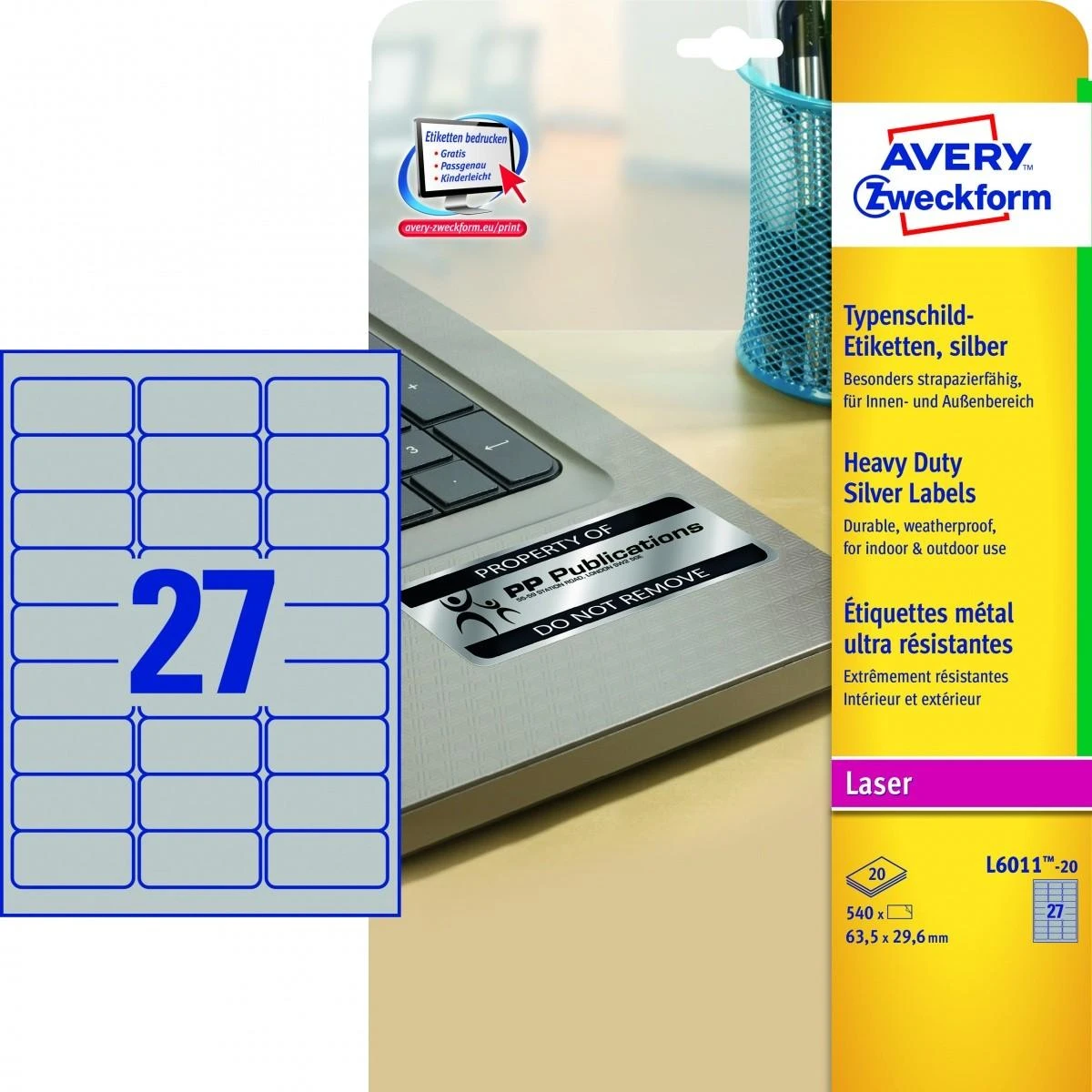 Lipnios etiketės Avery Zweckform, A4, atsparios drėgmei, 63.5×29.6mm, 27 etiketės lape, 20 lapų, sidabrinės spalvos
