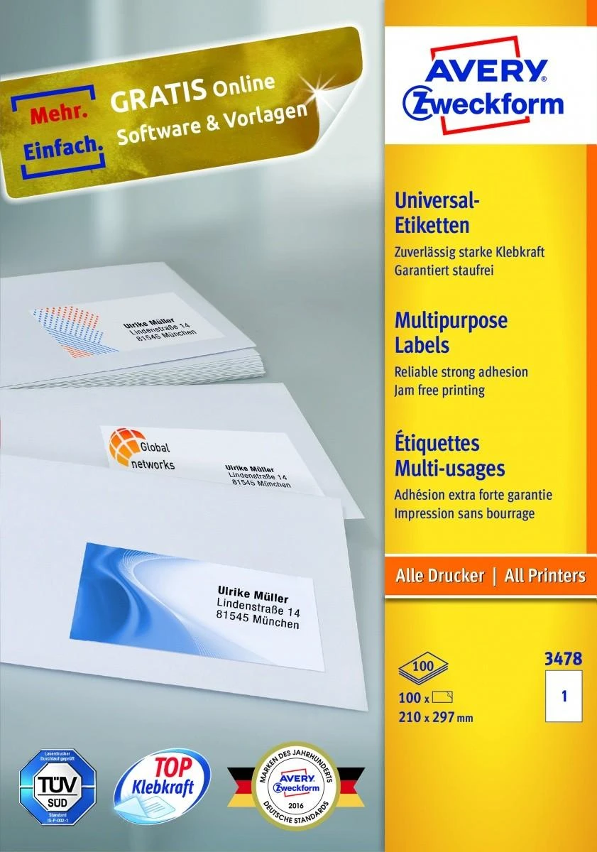 Lipnios etiketės Avery Zweckform, A4, 210x297mm, 1 etiketė lape, be rėmelio, 100 lapų, baltos spalvos