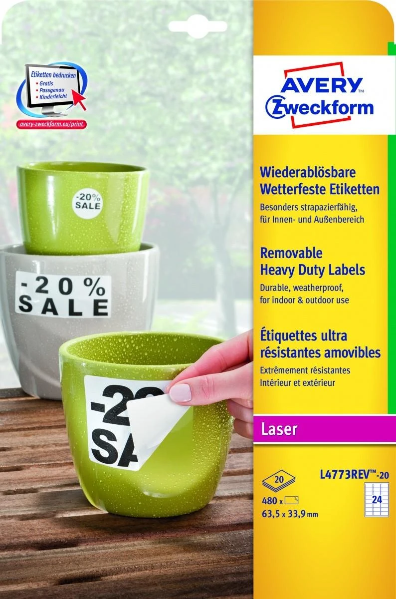 Lipnios etiketės Avery Zweckform, A4, atsparios drėgmei, 63.5×33.9mm, 24 etiketės lape, 20 lapų, matinės, nuklijuojamos, baltos spalvos