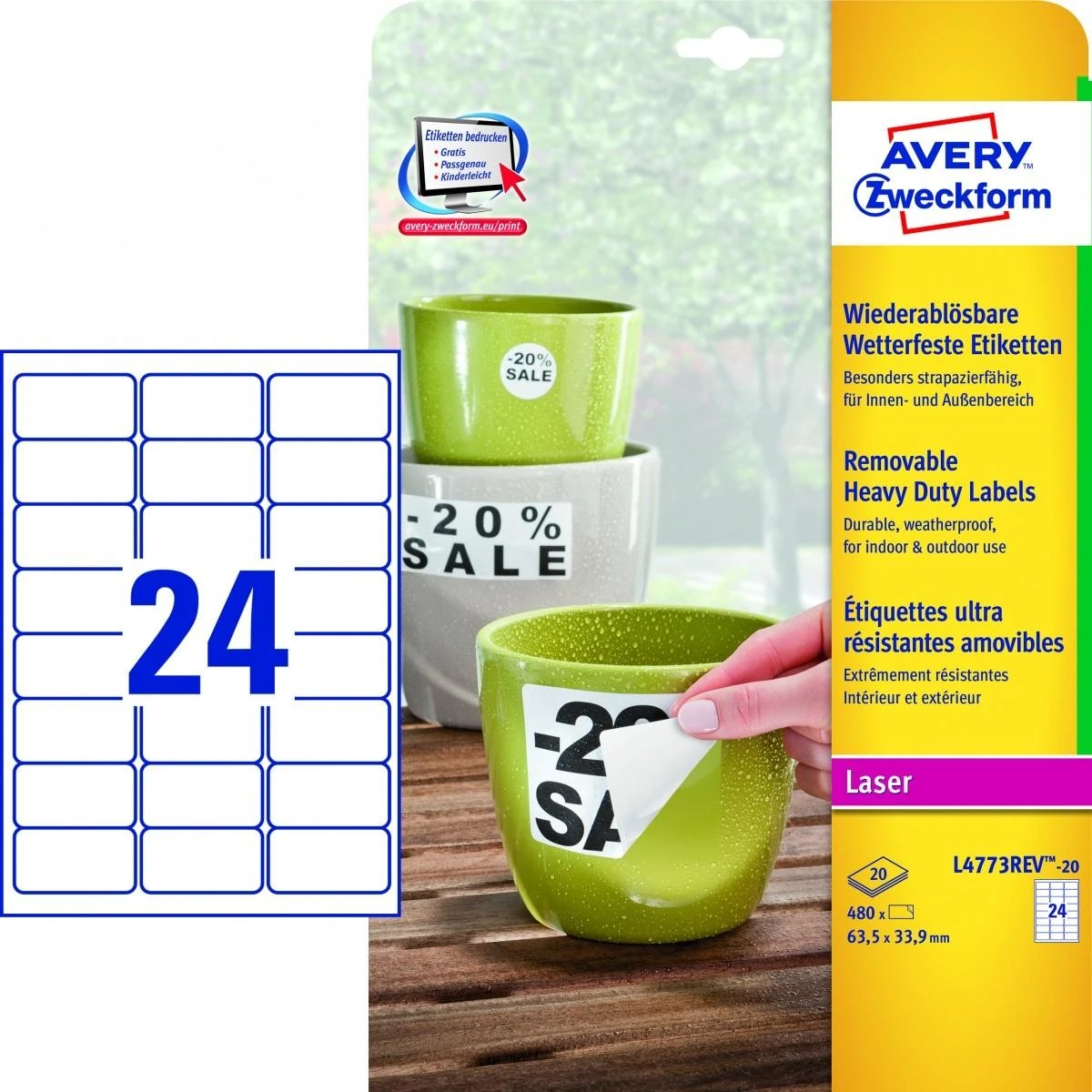 Lipnios etiketės Avery Zweckform, A4, atsparios drėgmei, 63.5×33.9mm, 24 etiketės lape, 20 lapų, matinės, nuklijuojamos, baltos spalvos