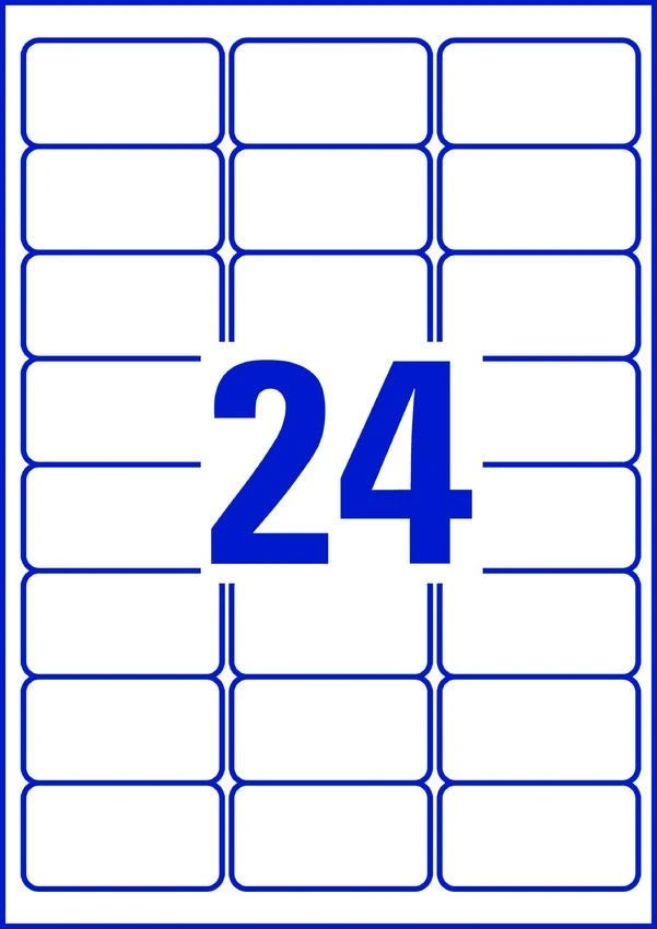 Lipnios etiketės Avery Zweckform, A4, atsparios drėgmei, 63.5×33.9mm, 24 etiketės lape, 20 lapų, matinės, nuklijuojamos, baltos spalvos