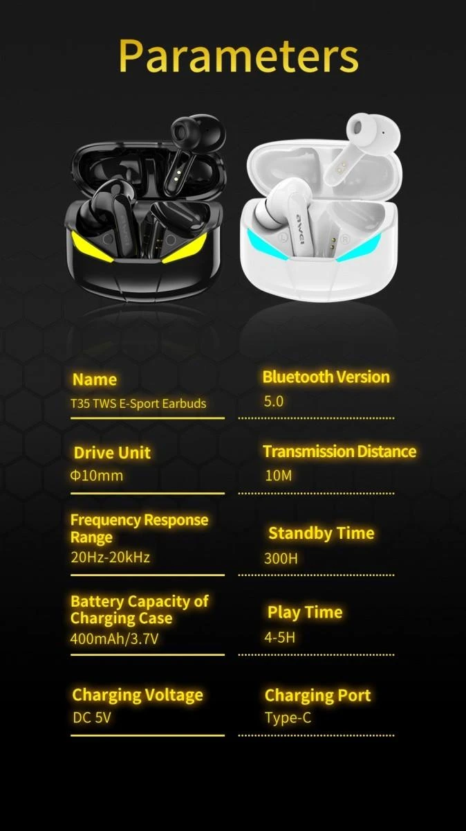 AWEI Bluetooth 5.0 T35 TWS ausinės + docking station žaidimams juodos spalvos
