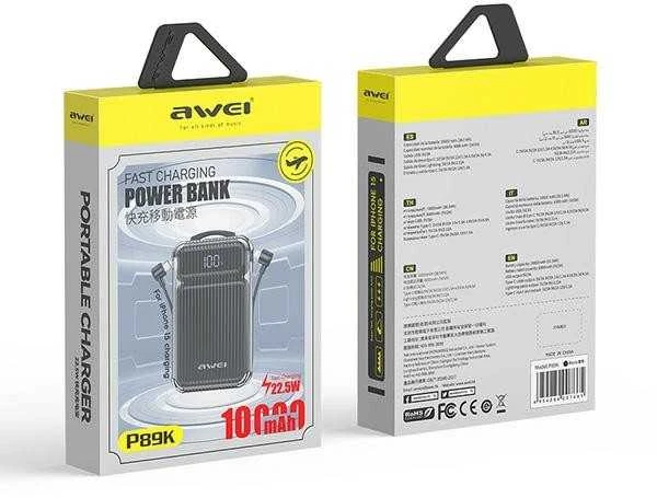 AWEI PowerBank P89K 10000mAh 38.5W juodos spalvos + PD/Lightning cables