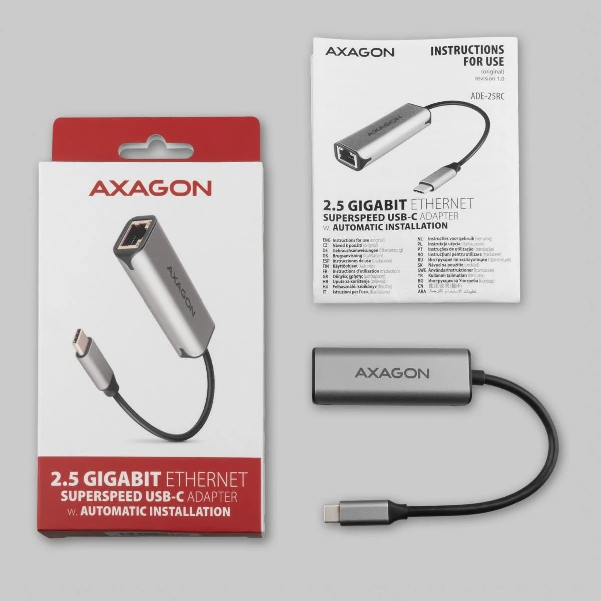 Axagon ADE-25RC SUPERSPEED USB-C 2.5 GIGABIT ETHERNET Kompaktiškas aliuminio USB-C 3.2 Gen 1 2.5 Gigabit Ethernet 10/100/1000/2500 Mbit adapteris su automatiniu diegimu.