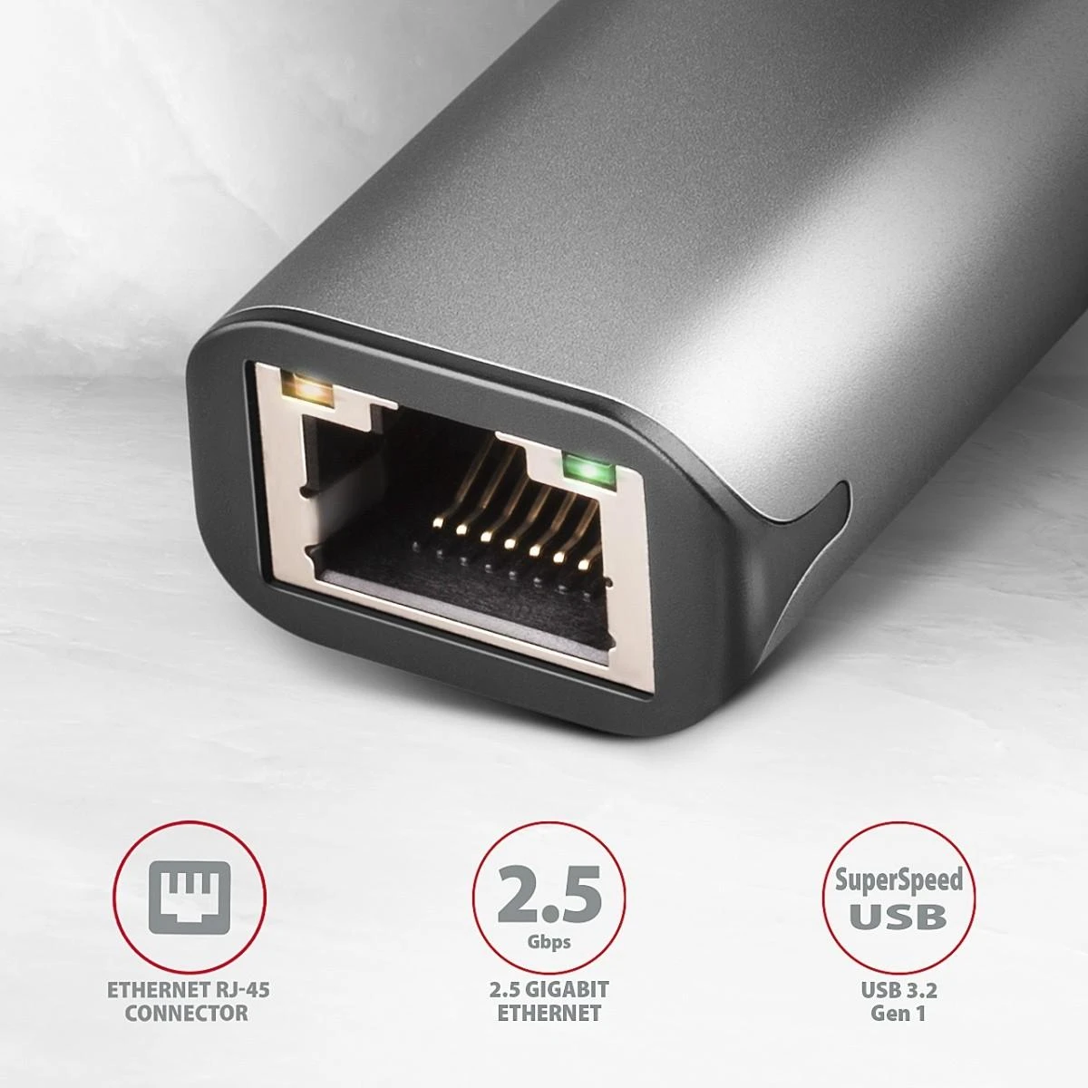 Axagon ADE-25R SUPERSPEED USB-A 2.5 GIGABIT ETHERNET Kompaktiškas aliuminio USB-A 3.2 Gen 1 2.5 Gigabit Ethernet 10/100/1000/2500 Mbit adapteris su automatiniu diegimu.