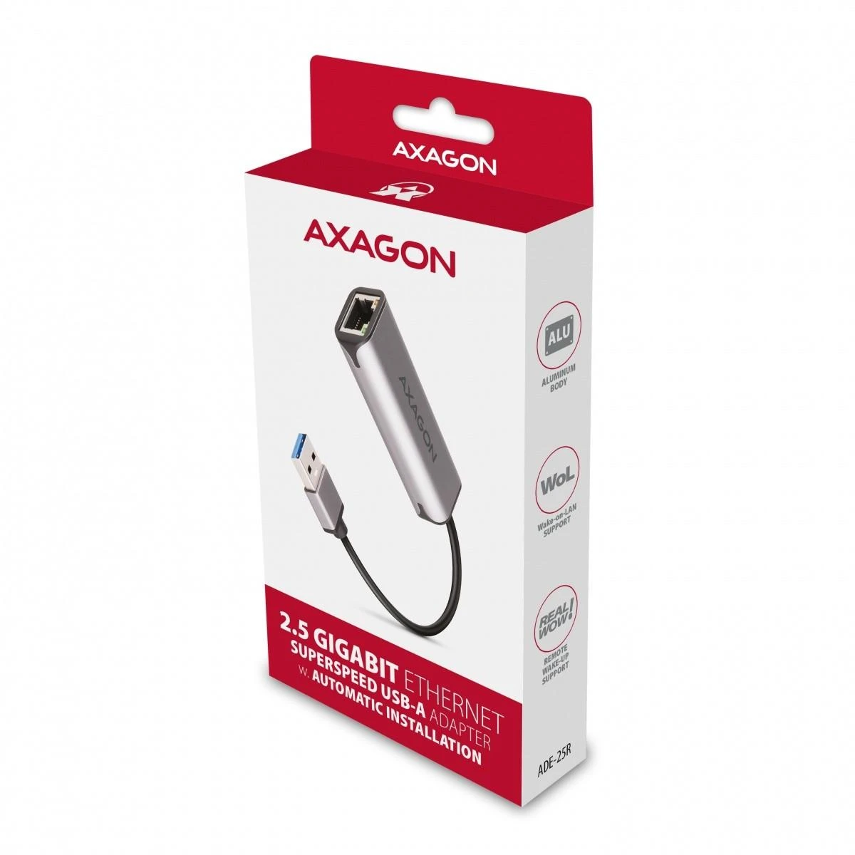Axagon ADE-25R SUPERSPEED USB-A 2.5 GIGABIT ETHERNET Kompaktiškas aliuminio USB-A 3.2 Gen 1 2.5 Gigabit Ethernet 10/100/1000/2500 Mbit adapteris su automatiniu diegimu.