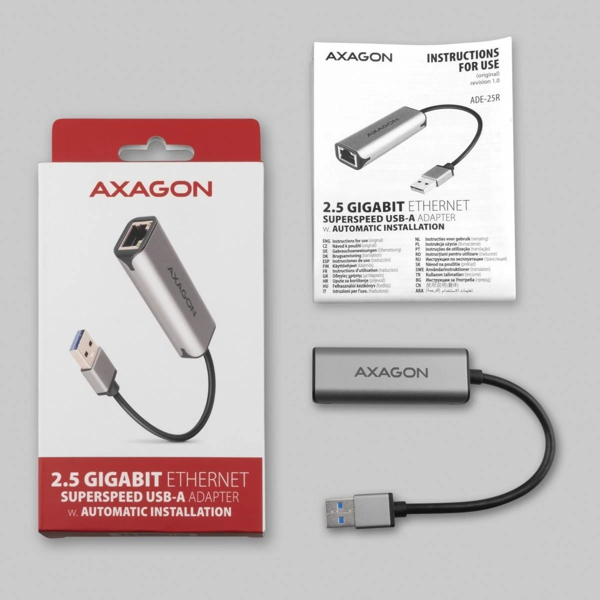 Axagon ADE-25R SUPERSPEED USB-A 2.5 GIGABIT ETHERNET Kompaktiškas aliuminio USB-A 3.2 Gen 1 2.5 Gigabit Ethernet 10/100/1000/2500 Mbit adapteris su automatiniu diegimu.
