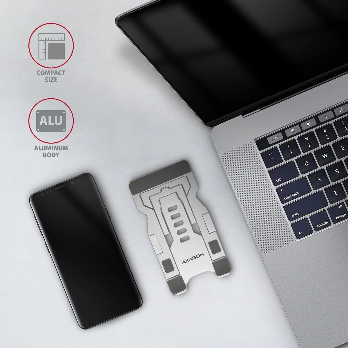 Axagon STND-M TELEFONAS / Planšetė STANDAliuminis stovas 4“ – 10,5“ telefonams ir planšetiniams kompiuteriams. Penkios reguliuojamos padėtys.