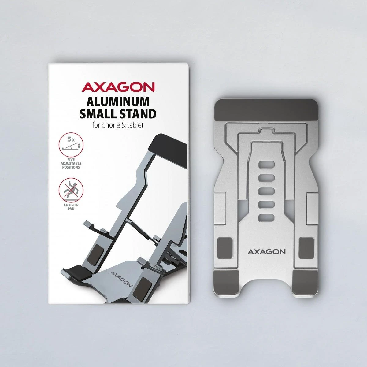 Axagon STND-M TELEFONAS / Planšetė STANDAliuminis stovas 4“ – 10,5“ telefonams ir planšetiniams kompiuteriams. Penkios reguliuojamos padėtys.