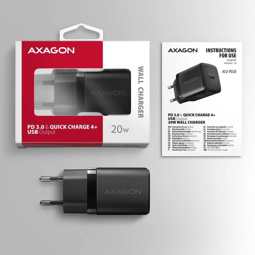AXAGON ACU-PD20 sieninis pakrovėjas 1x QC3.0/AFC/FCP/PD type-C, 20W, juodas