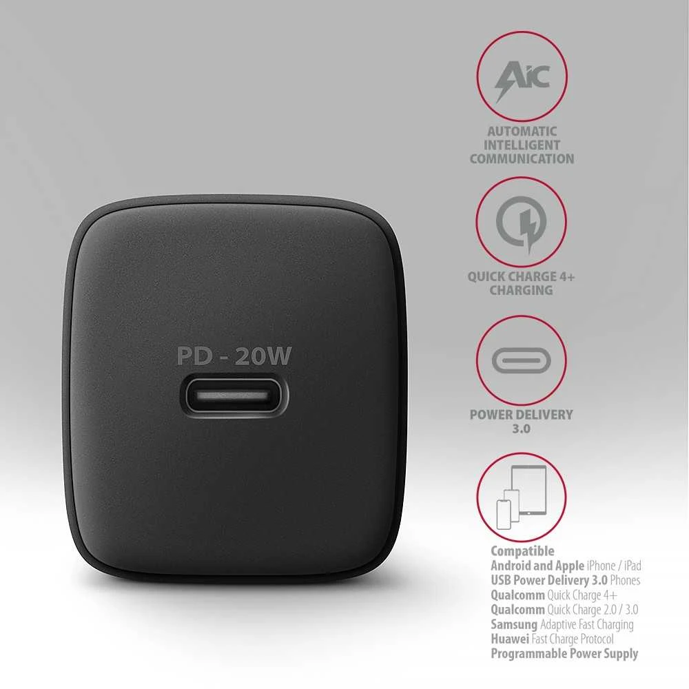 AXAGON ACU-PD20 sieninis pakrovėjas 1x QC3.0/AFC/FCP/PD type-C, 20W, juodas
