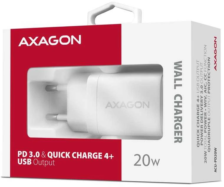 AXAGON ACU-PD20W sieninis įkroviklis 1x QC3.0/AFC/FCP/PD type-C, 20W, baltas