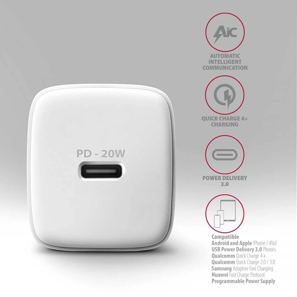AXAGON ACU-PD20W sieninis įkroviklis 1x QC3.0/AFC/FCP/PD type-C, 20W, baltas
