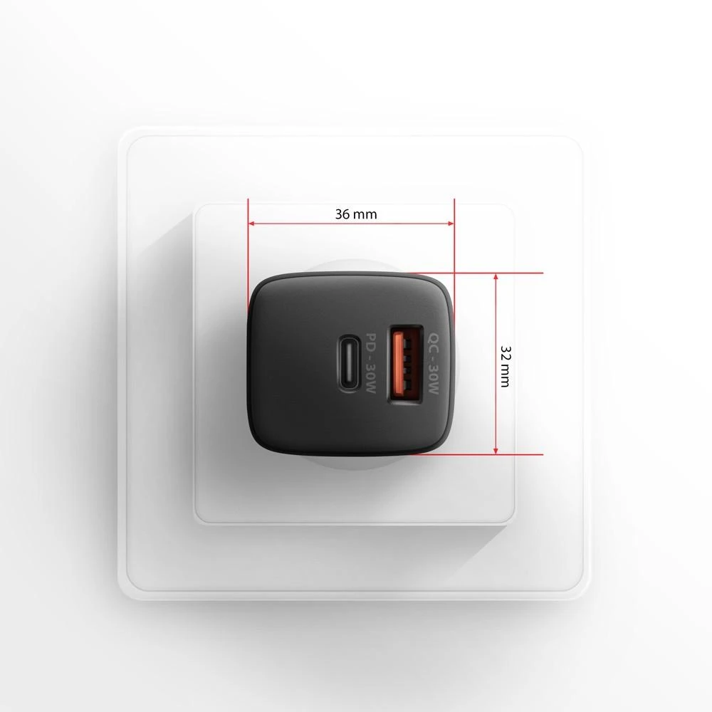 Axagon Sil sieninis įkroviklis 2x prievadas (USB-A + USB-C), PD3.0/QC4+/PPS/AFC/Apple. 30W bendra galia.