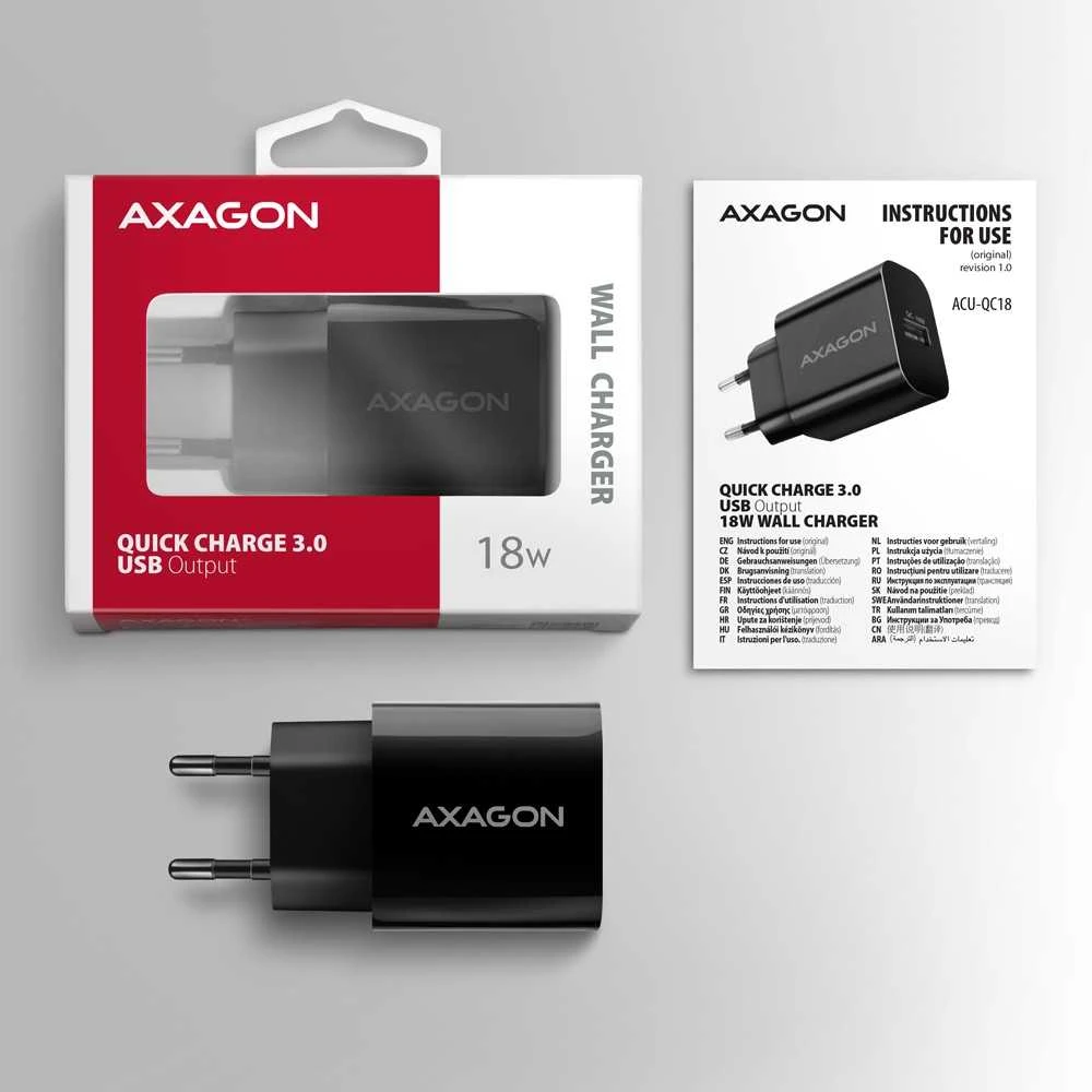 AXAGON ACU-QC18 ikroviklis su pakuotės turiniu