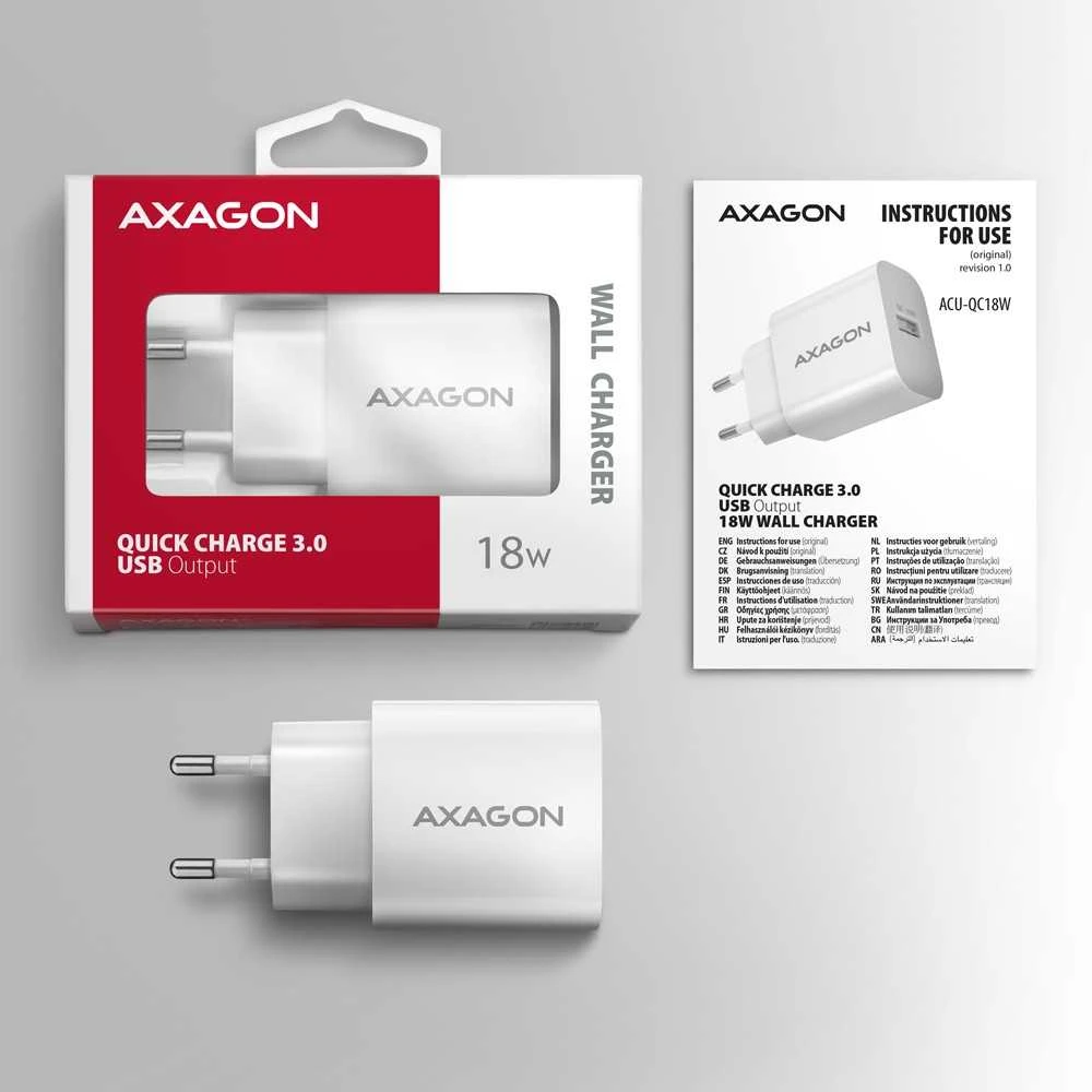 AXAGON ACU-QC18W sieninis įkroviklis 1x QC3.0/AFC/FCP/SMART, 18W, baltas