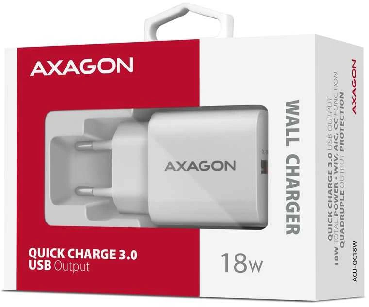 AXAGON ACU-QC18W sieninis įkroviklis 1x QC3.0/AFC/FCP/SMART, 18W, baltas