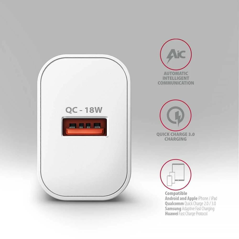 AXAGON ACU-QC18W sieninis įkroviklis 1x QC3.0/AFC/FCP/SMART, 18W, baltas