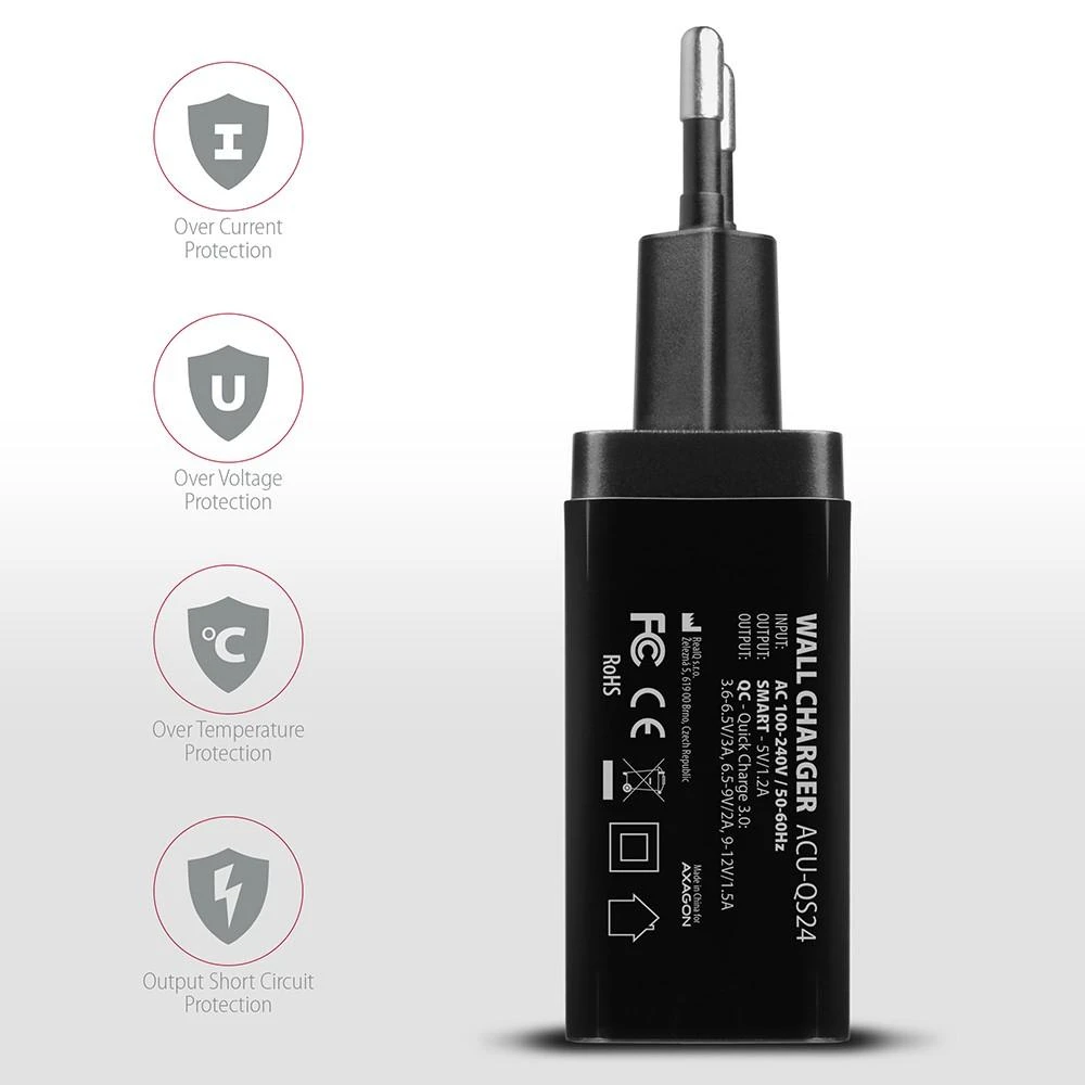AXAGON Dvigubas sieninis įkroviklis 240V/2x USB prievadas QC3.0/AFC/FCP ir 5V-1.2A, 24W | ACU-QS24