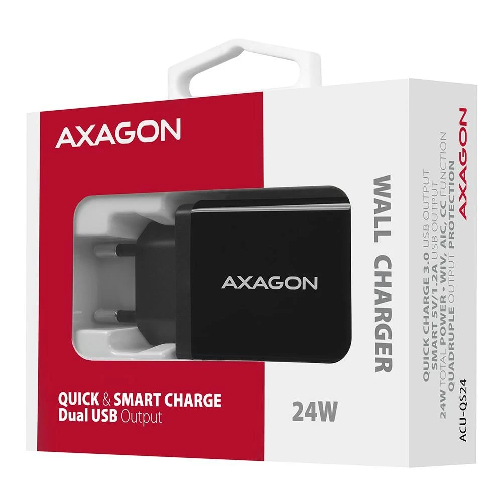 AXAGON Dvigubas sieninis įkroviklis 240V/2x USB prievadas QC3.0/AFC/FCP ir 5V-1.2A, 24W | ACU-QS24