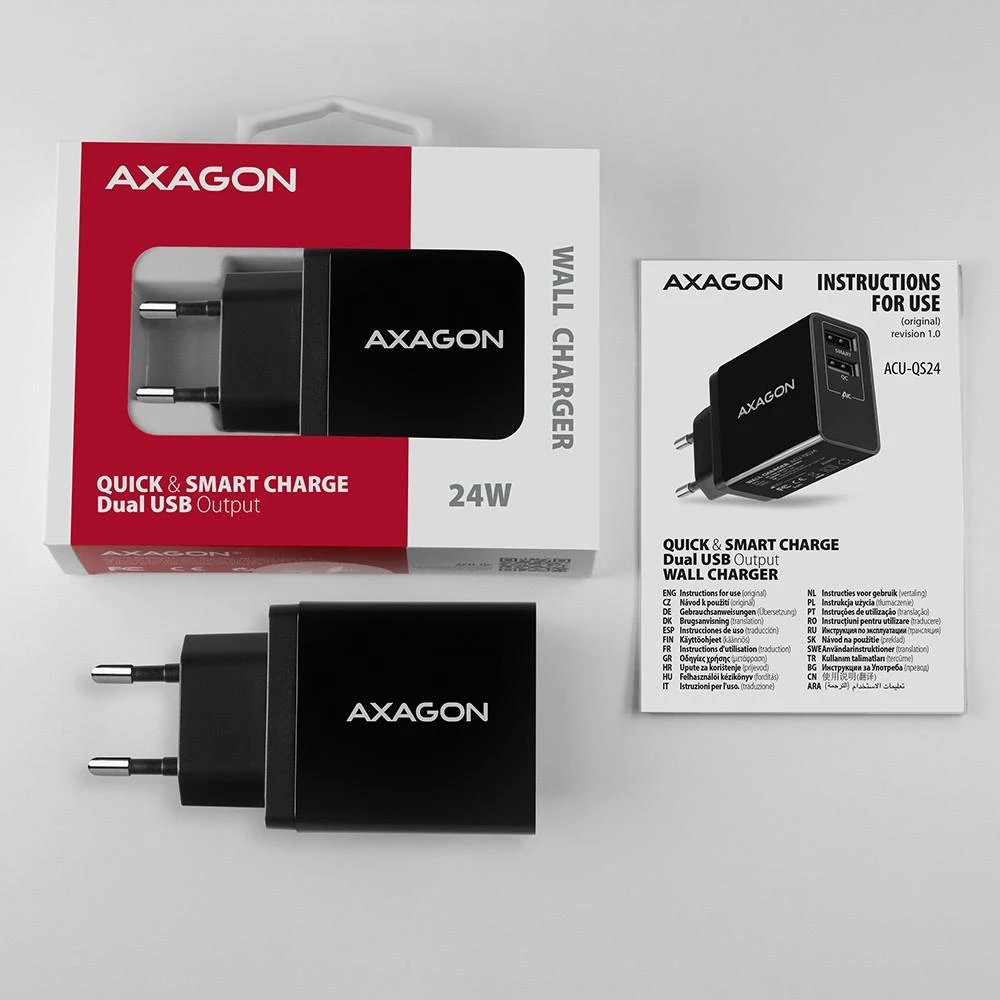 AXAGON Dvigubas sieninis įkroviklis 240V/2x USB prievadas QC3.0/AFC/FCP ir 5V-1.2A, 24W | ACU-QS24