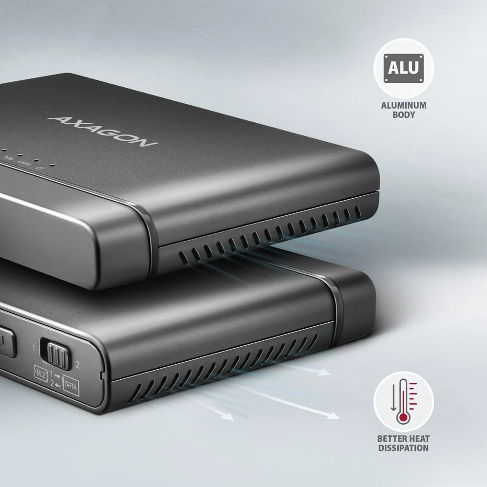 „Axagon USB 3.2 Gen 2“ adapteris, skirtas prijungti NVMe M.2 SSD diskus ir SATA 2.5''/3.5'' diskus su klonavimo funkcija.