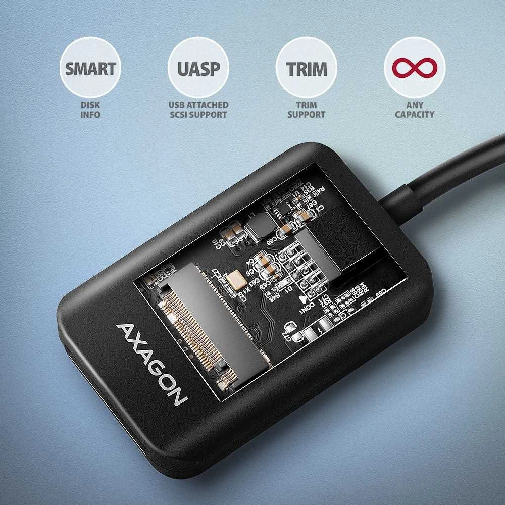 AXAGON USB-C 10Gbps adapteris greitam M.2 NVMe ir SATA SSD prijungimui, USB-C laidas 10 cm | ADM2-CM