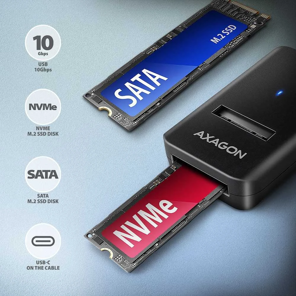 AXAGON USB-C 10Gbps adapteris greitam M.2 NVMe ir SATA SSD prijungimui, USB-C laidas 10 cm | ADM2-CM