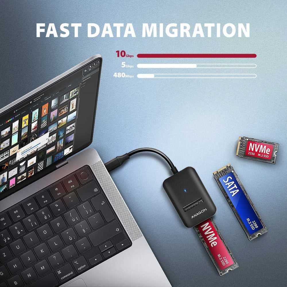 AXAGON USB-C 10Gbps adapteris greitam M.2 NVMe ir SATA SSD prijungimui, USB-C laidas 10 cm | ADM2-CM