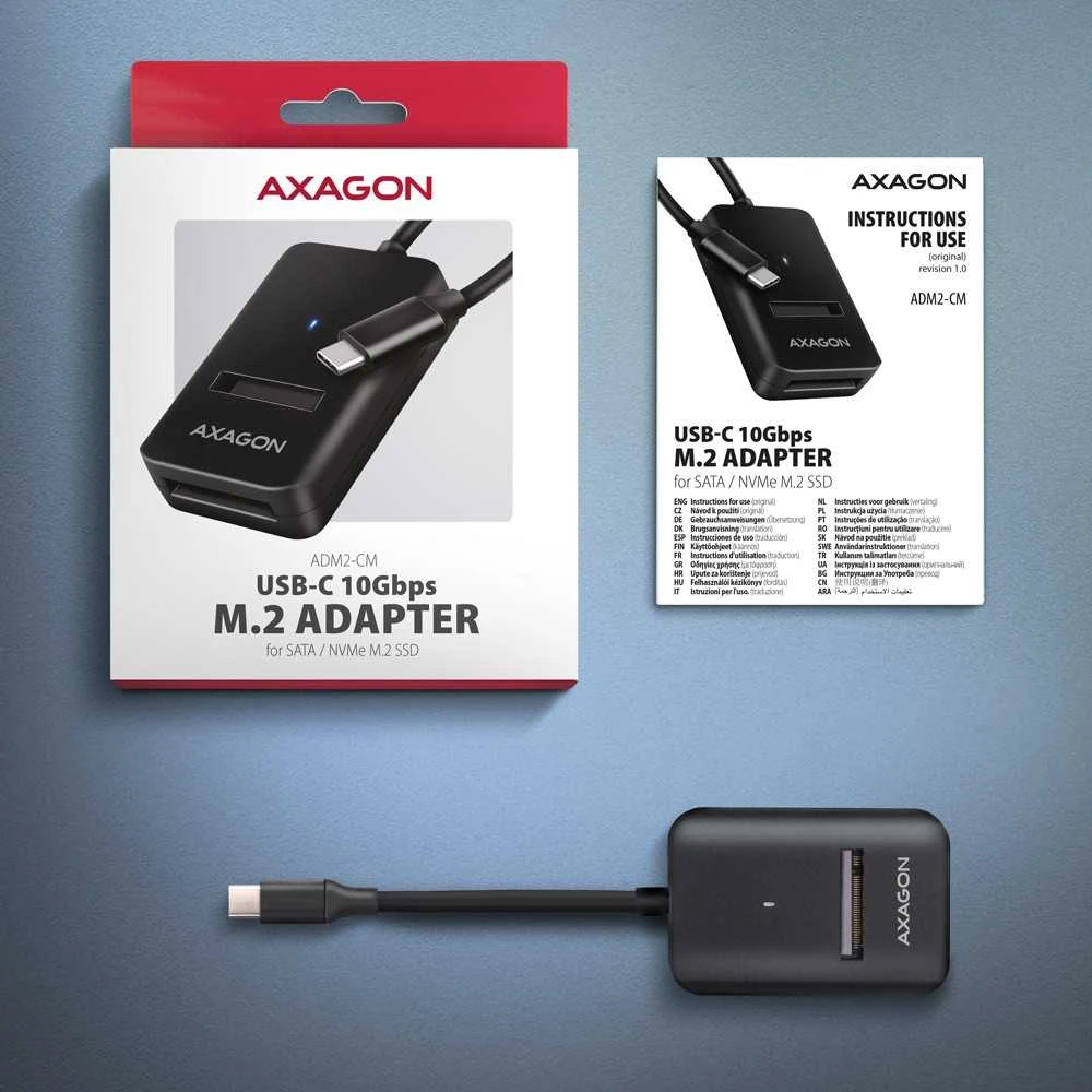 AXAGON USB-C 10Gbps adapteris greitam M.2 NVMe ir SATA SSD prijungimui, USB-C laidas 10 cm | ADM2-CM