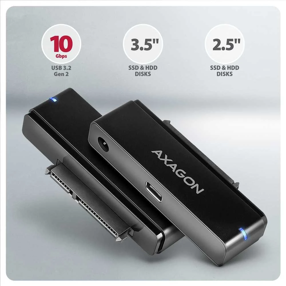 AXAGON ADSA-FPX USB-C 10Gbps - SATA 6G 2.5''/3.5'' SSD/HDD FAST PORT X adapteris su kintamosios srovės adapteriu, USB-C - USB-A adapteris