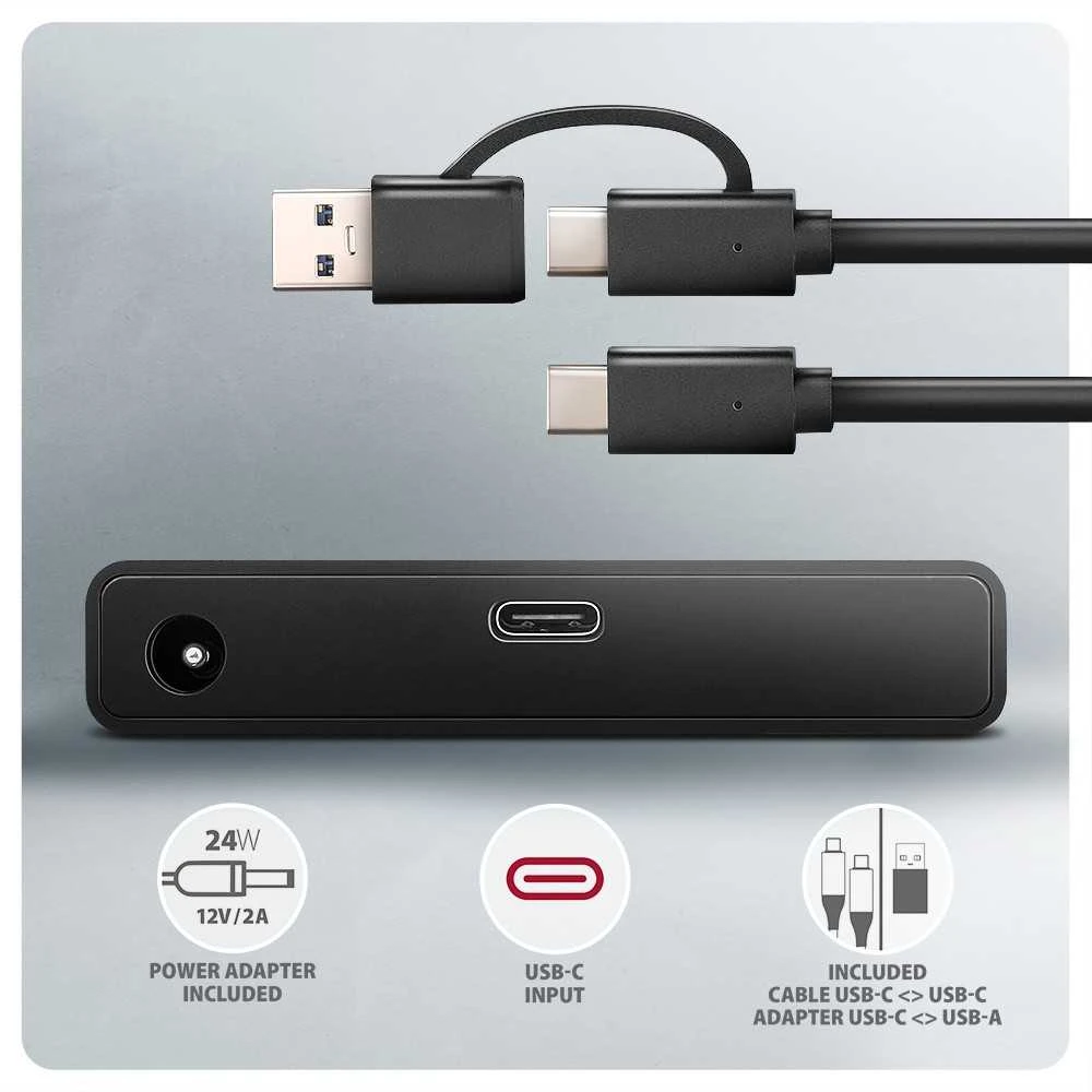 AXAGON ADSA-FPX USB-C 10Gbps - SATA 6G 2.5''/3.5'' SSD/HDD FAST PORT X adapteris su kintamosios srovės adapteriu, USB-C - USB-A adapteris