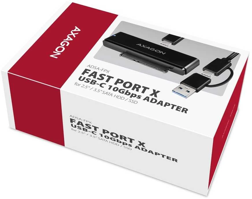 AXAGON ADSA-FPX USB-C 10Gbps - SATA 6G 2.5''/3.5'' SSD/HDD FAST PORT X adapteris su kintamosios srovės adapteriu, USB-C - USB-A adapteris