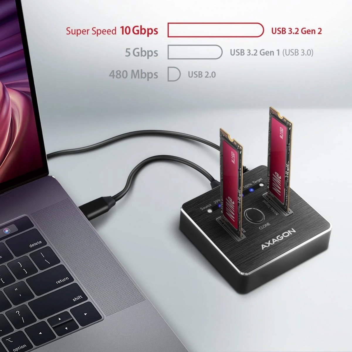 AXAGON | USB-C 3.2 Gen2 – 2x NVMe CLONE DUAL SDD doko stotis | ADSA-M2C