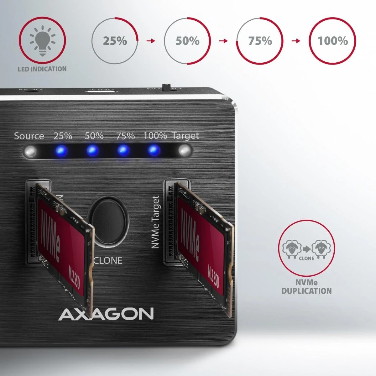 AXAGON | USB-C 3.2 Gen2 – 2x NVMe CLONE DUAL SDD doko stotis | ADSA-M2C