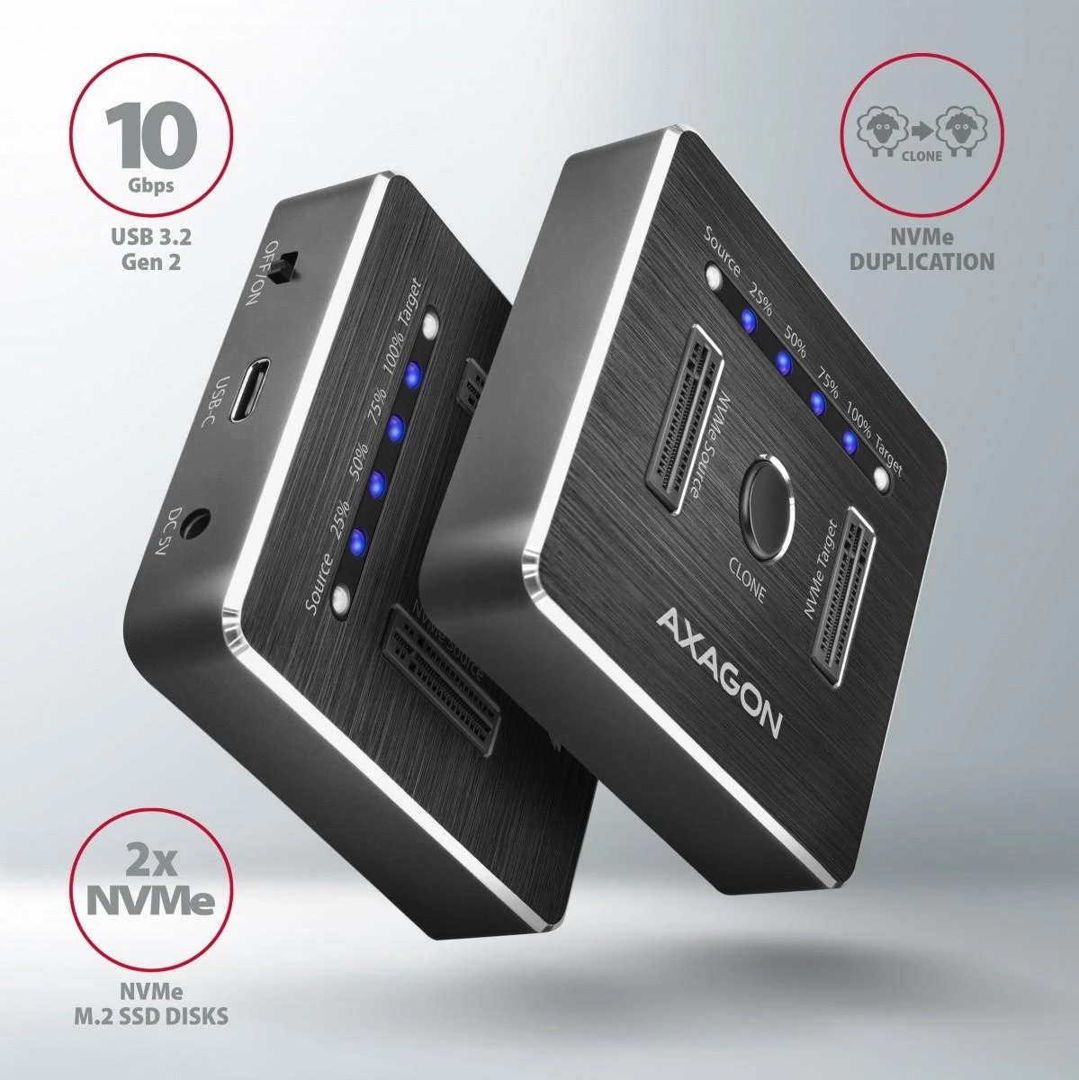 AXAGON | USB-C 3.2 Gen2 – 2x NVMe CLONE DUAL SDD doko stotis | ADSA-M2C