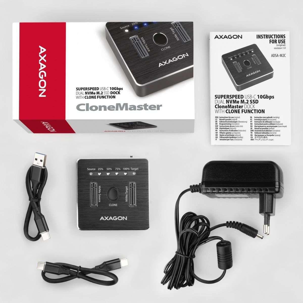 AXAGON | USB-C 3.2 Gen2 – 2x NVMe CLONE DUAL SDD doko stotis | ADSA-M2C